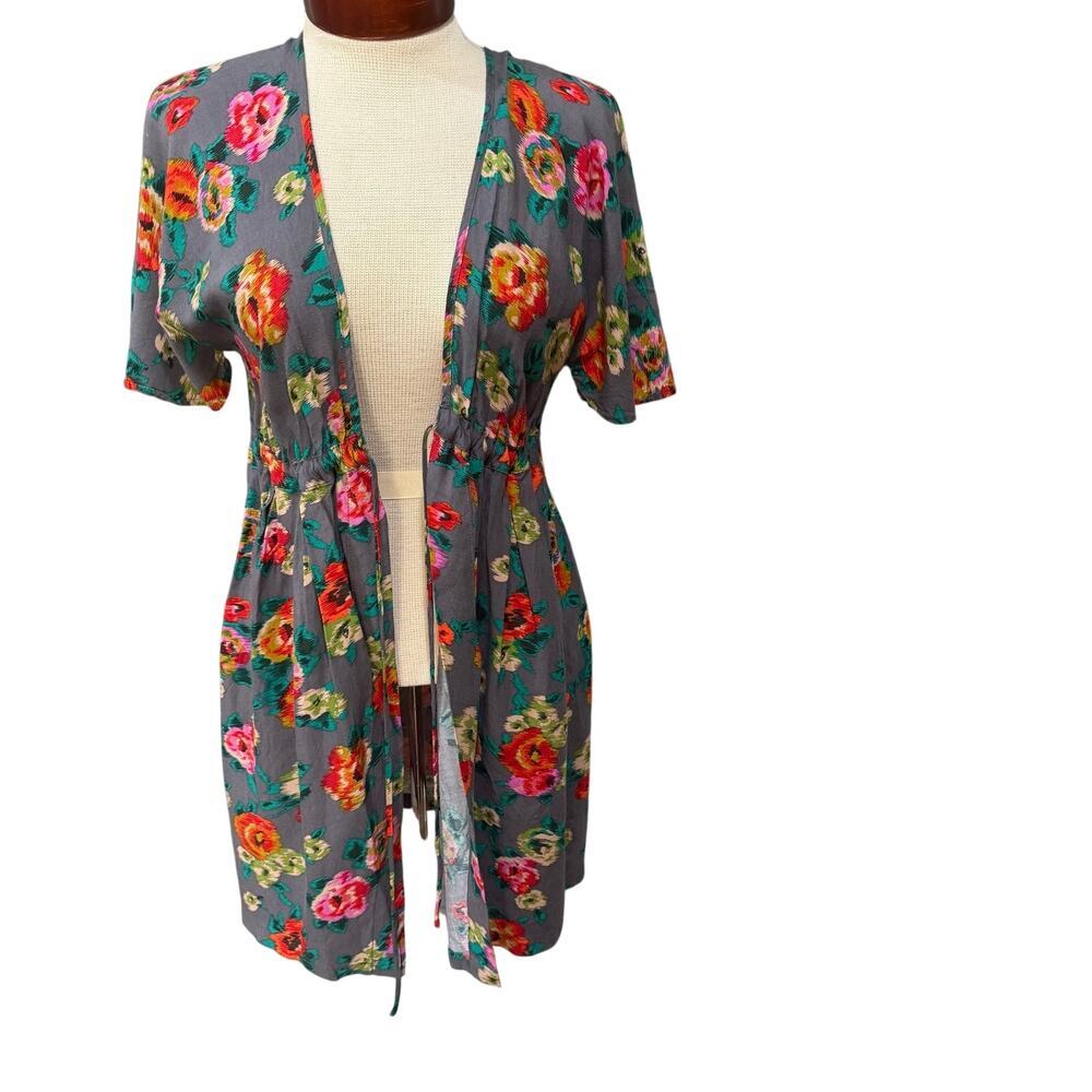 Ivy Jane Floral Print Kimono Size Large Tie Front Short Sleeve Boho Garden Chic